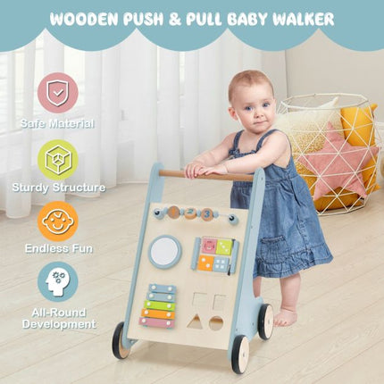 Wooden Baby Push Walker With Xylophone, Flip Blocks, Blue