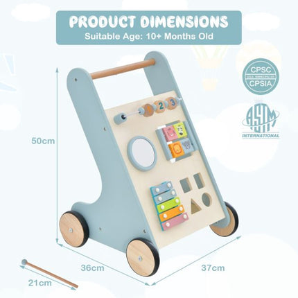Wooden Baby Push Walker With Xylophone, Flip Blocks, Blue