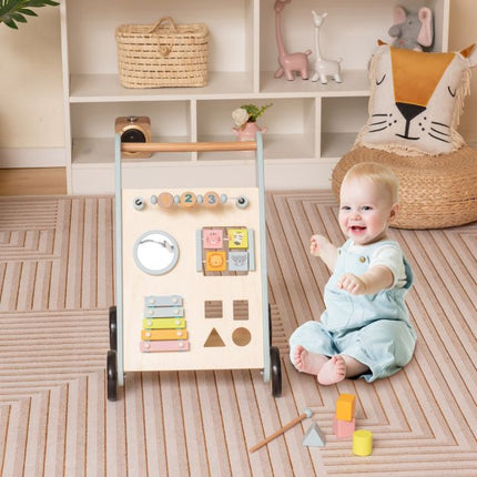 Wooden Baby Push Walker With Xylophone, Flip Blocks, Blue
