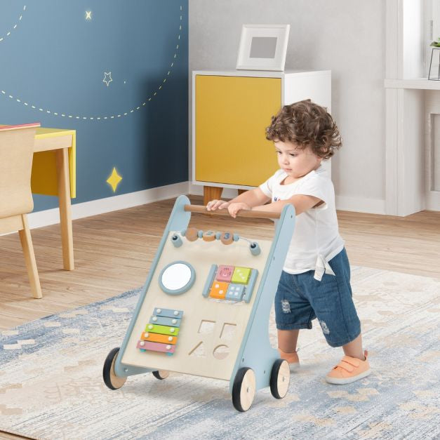 Wooden Baby Push Walker With Xylophone, Flip Blocks, Blue