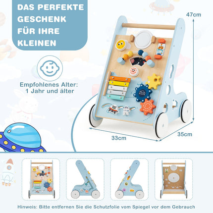 Wooden Baby Walker with Wheels, 8-in-1 Activity Center