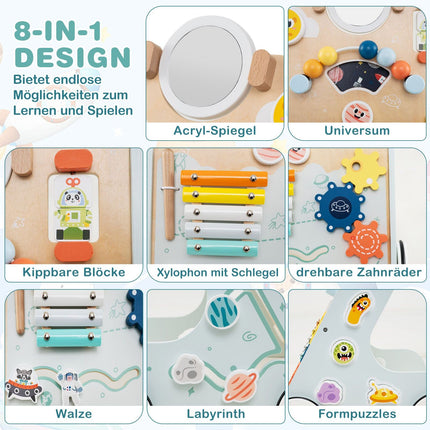 Wooden Baby Walker with Wheels, 8-in-1 Activity Center