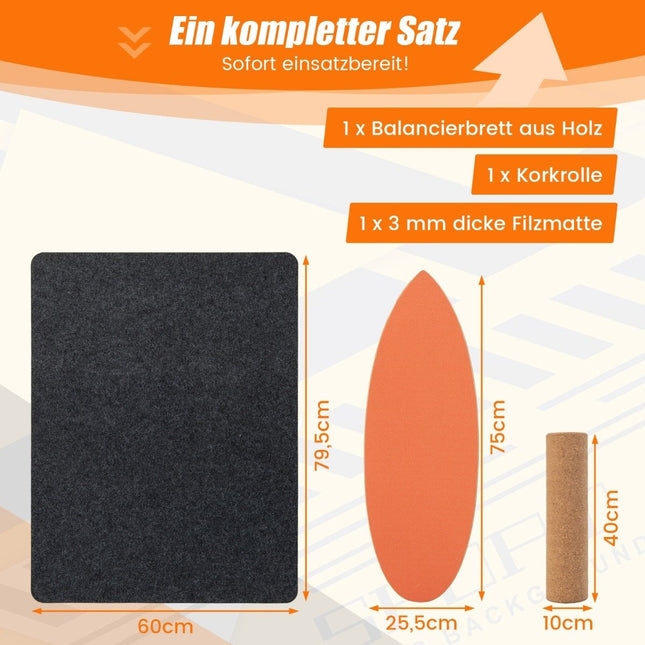 Houten Balance Board Wobbelbord met Wiel & Deken 3-in-1 Balance Board Kit Oranje
