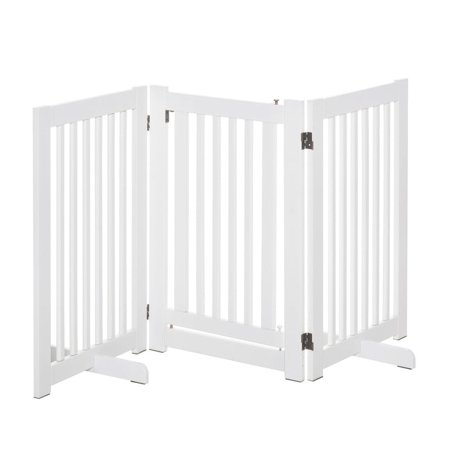 Adjustable stand-alone wooden dog gate, foldable, white