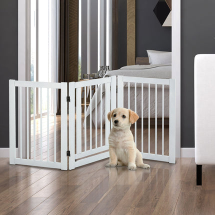 Adjustable stand-alone wooden dog gate, foldable, white