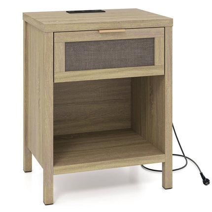 Wooden Bedside Table with Drawer & Charging Station