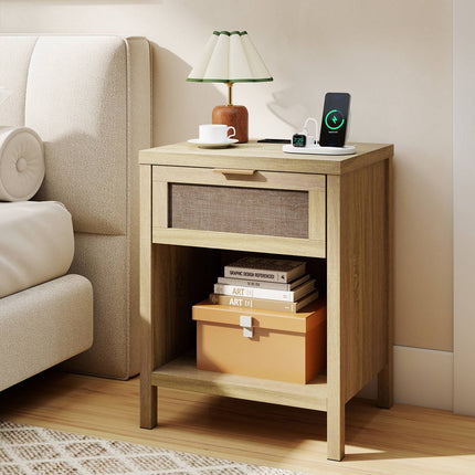 Wooden Bedside Table with Drawer & Charging Station