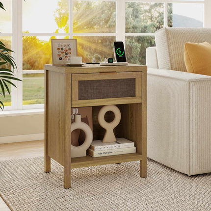 Wooden Bedside Table with Drawer & Charging Station