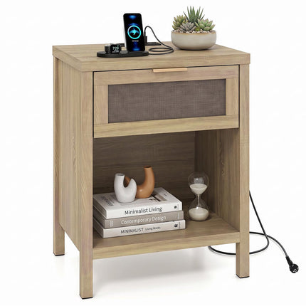Wooden Bedside Table with Drawer & Charging Station