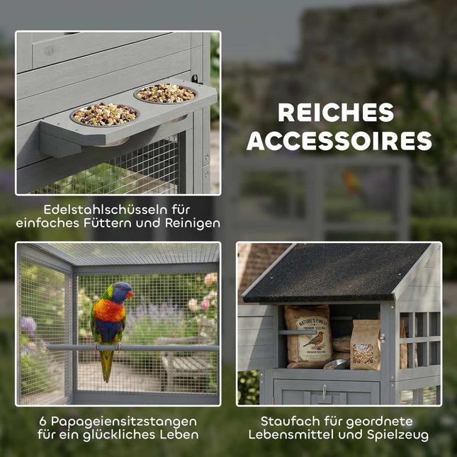 Houten volière met zitstokken, lade en roestvrijstalen voerbakken.