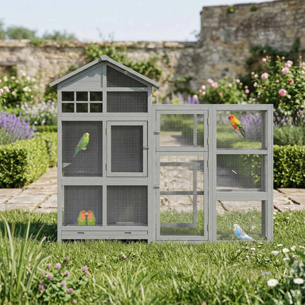 Wooden Bird Aviary with Perches, Drawer, Stainless Bowls