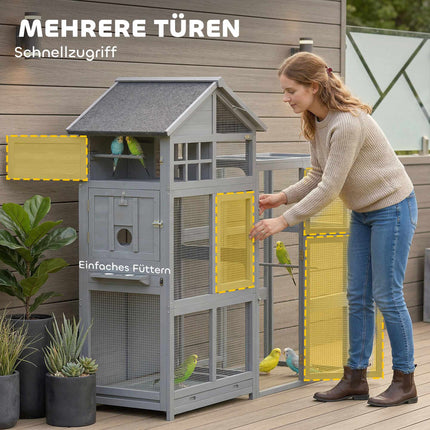 Wooden Bird Aviary with Perches, Drawer, Stainless Bowls