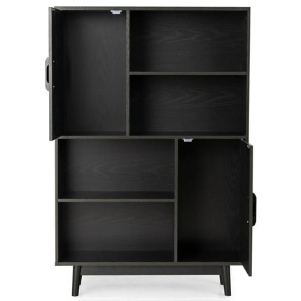 Wooden Bookcase 4 Tier Bookcase with 2 Doors Storage Cabinet Black