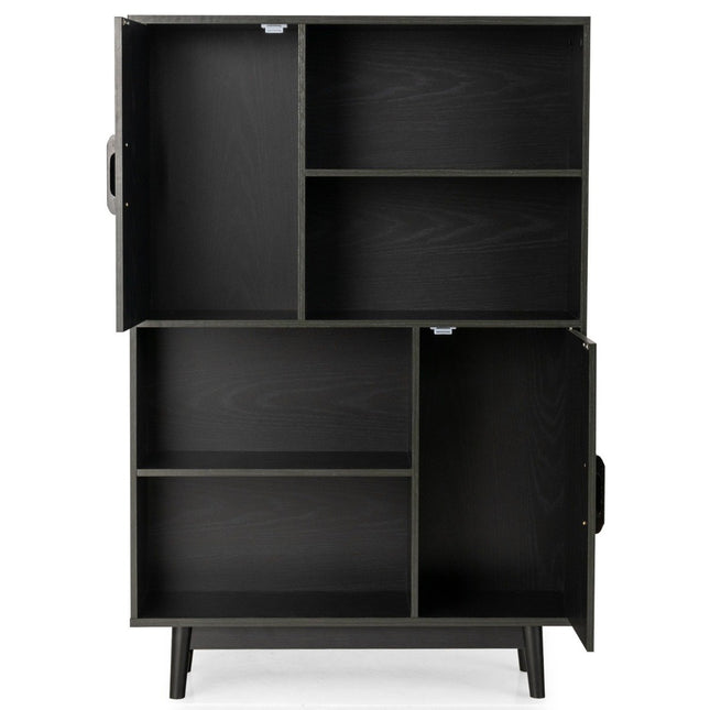 Wooden Bookcase 4 Tier Bookcase with 2 Doors Storage Cabinet Black