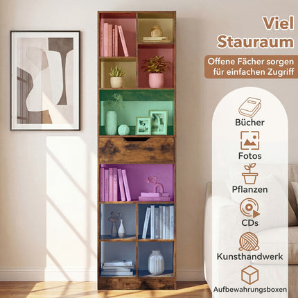 Wooden Bookshelf with 10 Shelves & 1 Drawer, 50x24x180 cm