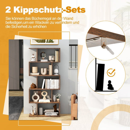 Wooden Bookshelf with 5 Tiers & Anti-Tip, S-Shaped Design