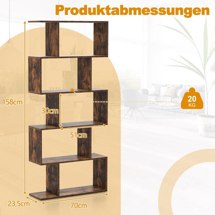 Wooden Bookshelf with 5 Tiers & Anti-Tip, S-Shaped Design