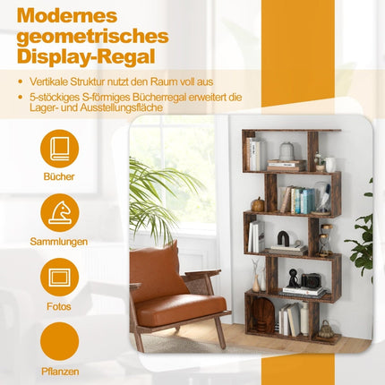 Wooden Bookshelf with 5 Tiers & Anti-Tip, S-Shaped Design