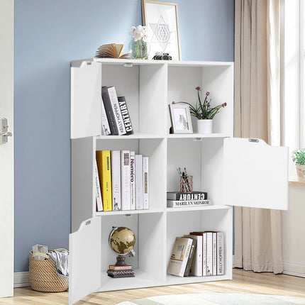 Wooden Bookshelf with Doors, 6 Compartments, White