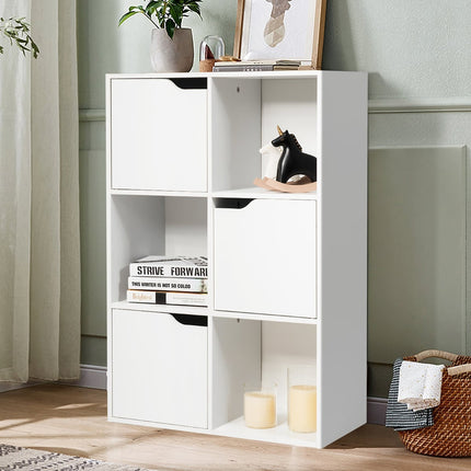 Wooden Bookshelf with Doors, 6 Compartments, White