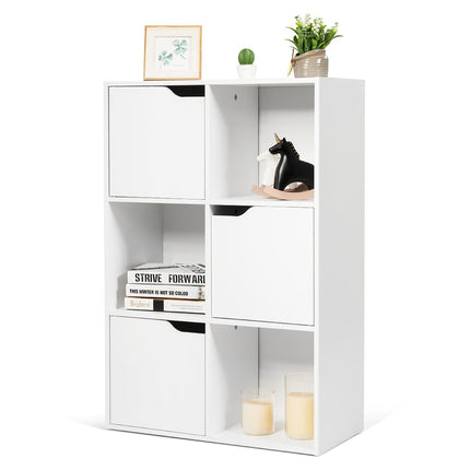 Wooden Bookshelf with Doors, 6 Compartments, White
