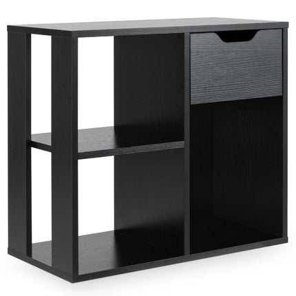 Wooden Bookshelf with Drawer & 3 Compartments, Black
