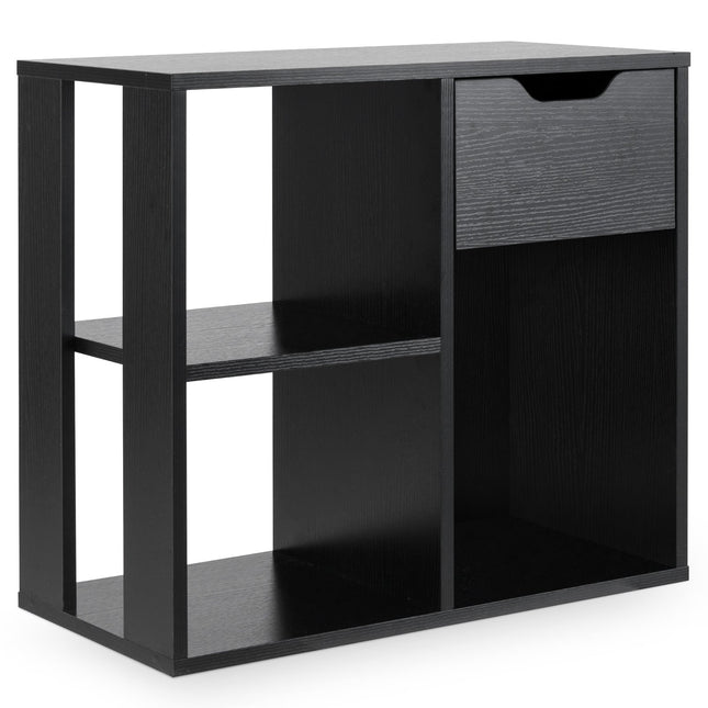 Wooden Bookshelf with Drawer & 3 Compartments, Black