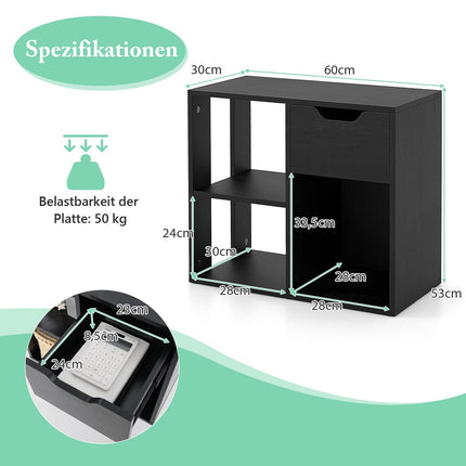 Wooden Bookshelf with Drawer & 3 Compartments, Black