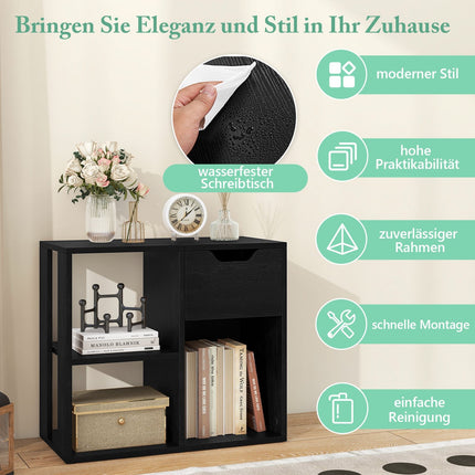 Wooden Bookshelf with Drawer & 3 Compartments, Black