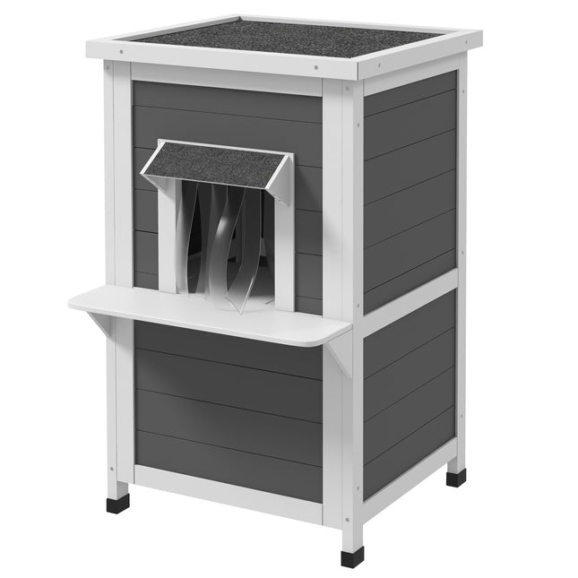 Weatherproof wooden cat house with roof - gray and white