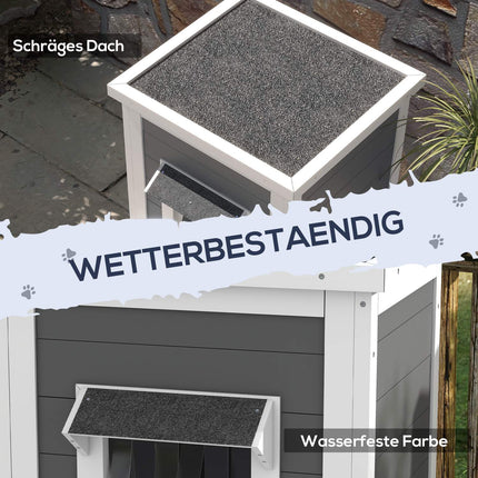 Weatherproof wooden cat house with roof - gray and white