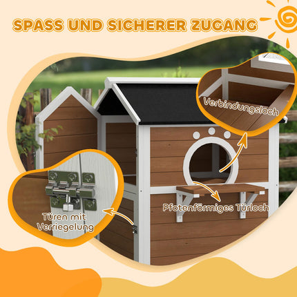 Houten kattenhuis kattengrot met raam balkon weerbestendig kattenhuis met 2 niveaus afneembare bodem voor 1-2 katten binnen buiten 66 x 66 x 90 cm bruin