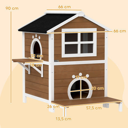Houten kattenhuis kattengrot met raam balkon weerbestendig kattenhuis met 2 niveaus afneembare bodem voor 1-2 katten binnen buiten 66 x 66 x 90 cm bruin