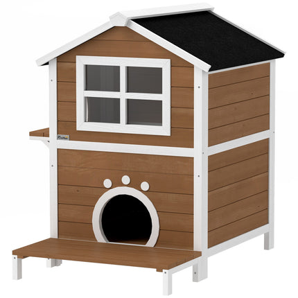 Houten kattenhuis kattengrot met raam balkon weerbestendig kattenhuis met 2 niveaus afneembare bodem voor 1-2 katten binnen buiten 66 x 66 x 90 cm bruin