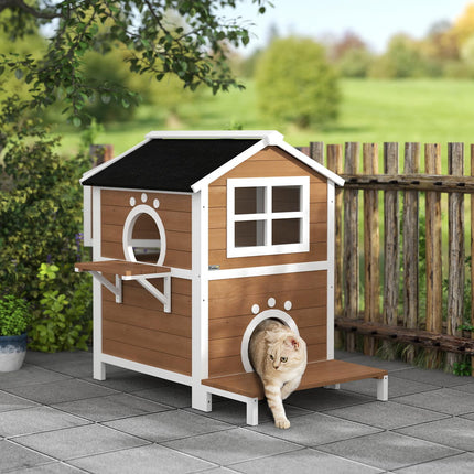 Houten kattenhuis kattengrot met raam balkon weerbestendig kattenhuis met 2 niveaus afneembare bodem voor 1-2 katten binnen buiten 66 x 66 x 90 cm bruin