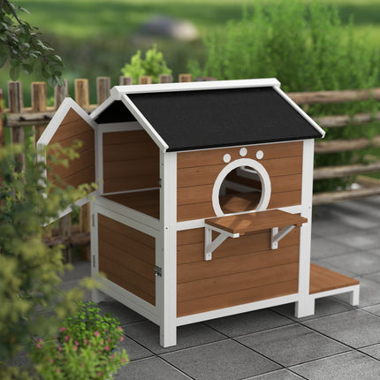 Houten kattenhuis kattengrot met raam balkon weerbestendig kattenhuis met 2 niveaus afneembare bodem voor 1-2 katten binnen buiten 66 x 66 x 90 cm bruin