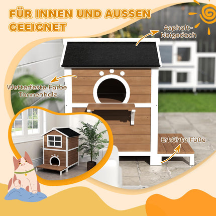 Houten kattenhuis kattengrot met raam balkon weerbestendig kattenhuis met 2 niveaus afneembare bodem voor 1-2 katten binnen buiten 66 x 66 x 90 cm bruin