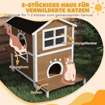Houten kattenhuis kattengrot met raam balkon weerbestendig kattenhuis met 2 niveaus afneembare bodem voor 1-2 katten binnen buiten 66 x 66 x 90 cm bruin