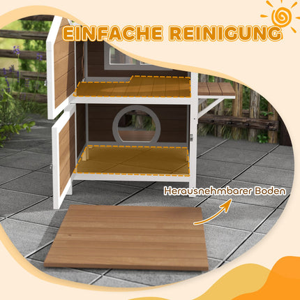 Houten kattenhuis kattengrot met raam balkon weerbestendig kattenhuis met 2 niveaus afneembare bodem voor 1-2 katten binnen buiten 66 x 66 x 90 cm bruin