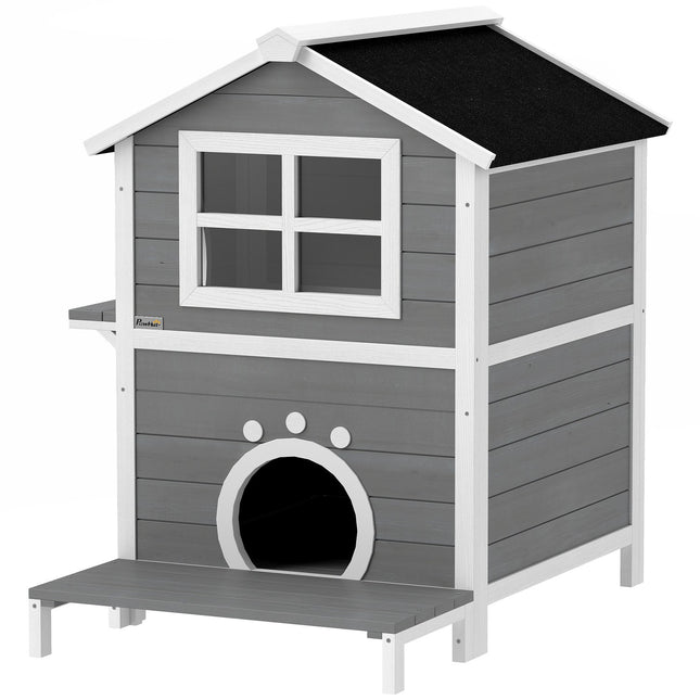 Weather-resistant wooden cat house with window and balcony