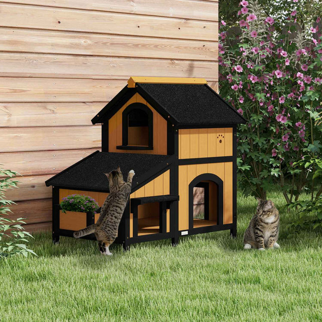 Outdoor wooden cat house, 2-story, asphalt roof, yellow