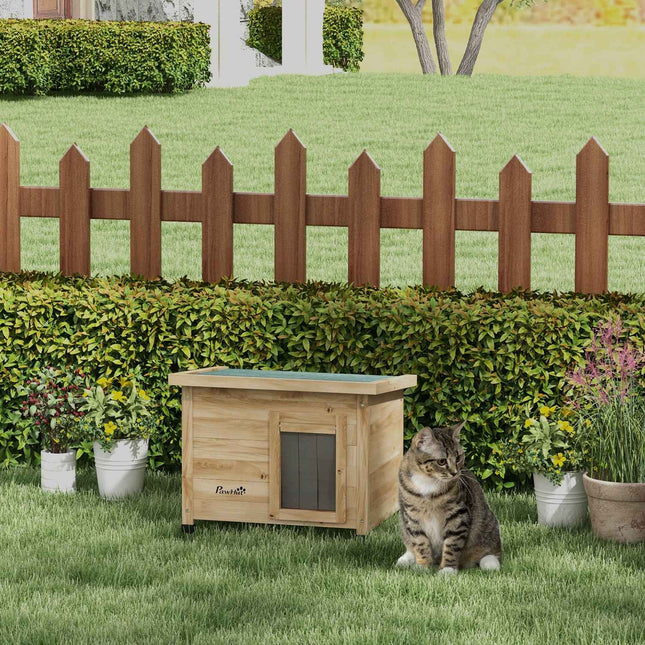 Outdoor Cat house in wood with Door curtain, 57x45x43 cm