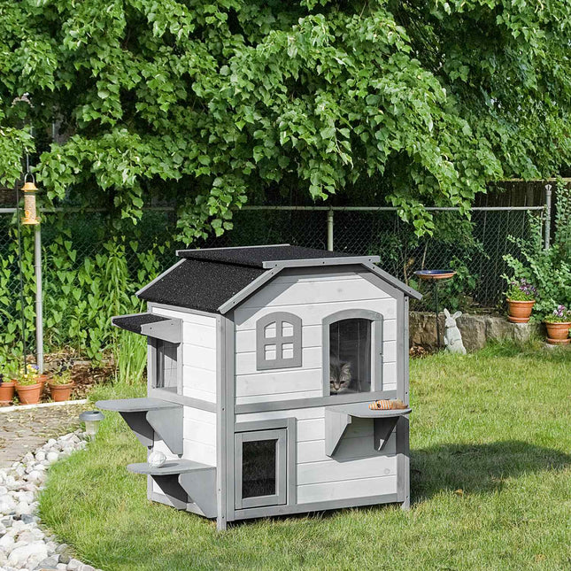 Outdoor wooden cat house with stairs for small cats