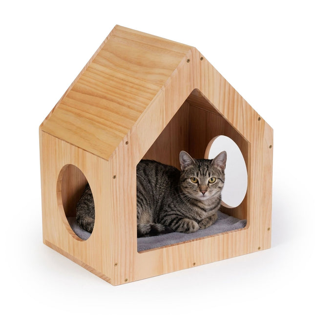 Wooden Cat House for Wall or Floor, Natural Finish