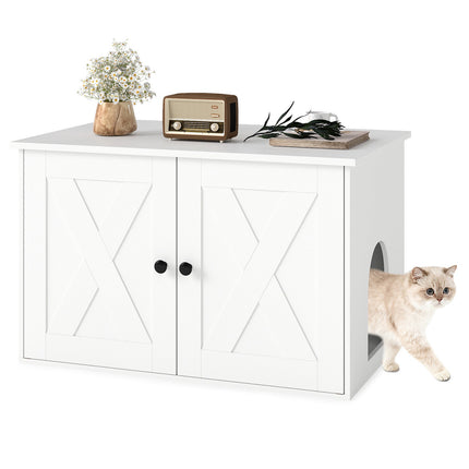 Wooden Cat House with Divider & Washroom – White