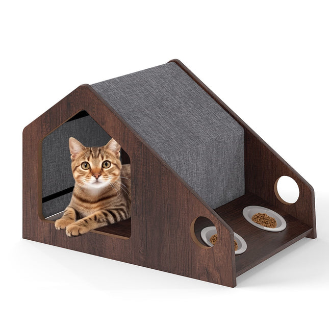Wooden Cat House with Feeding Station, Removable Roof