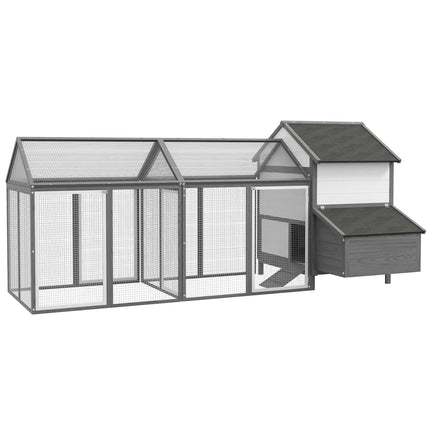 Gray wooden chicken house with nesting box and ramp
