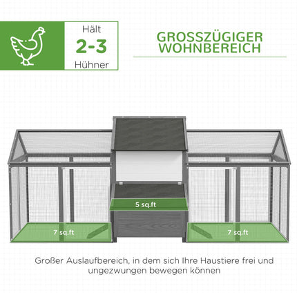 Gray wooden chicken house with nesting box and ramp