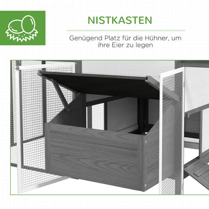 Gray wooden chicken house with nesting box and ramp