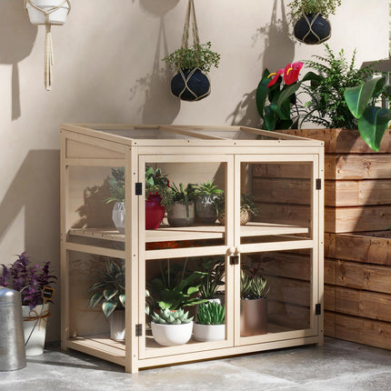 Greenhouse with 2-story wooden cold frame with skylight